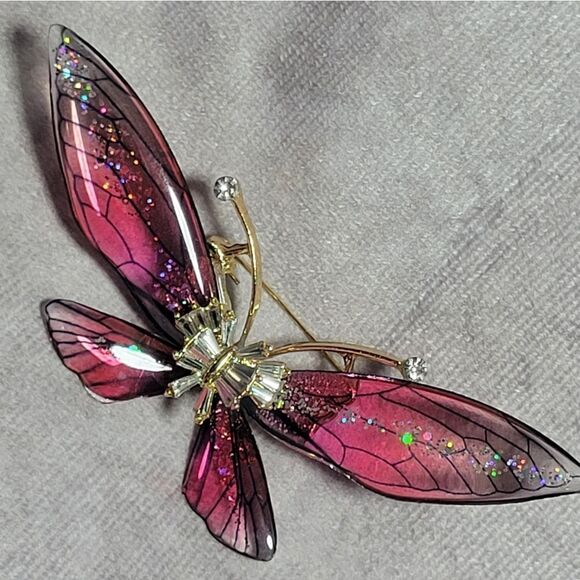 Crystal & Fuchsia Resin Butterfly Brooch - Picture 1 of 12